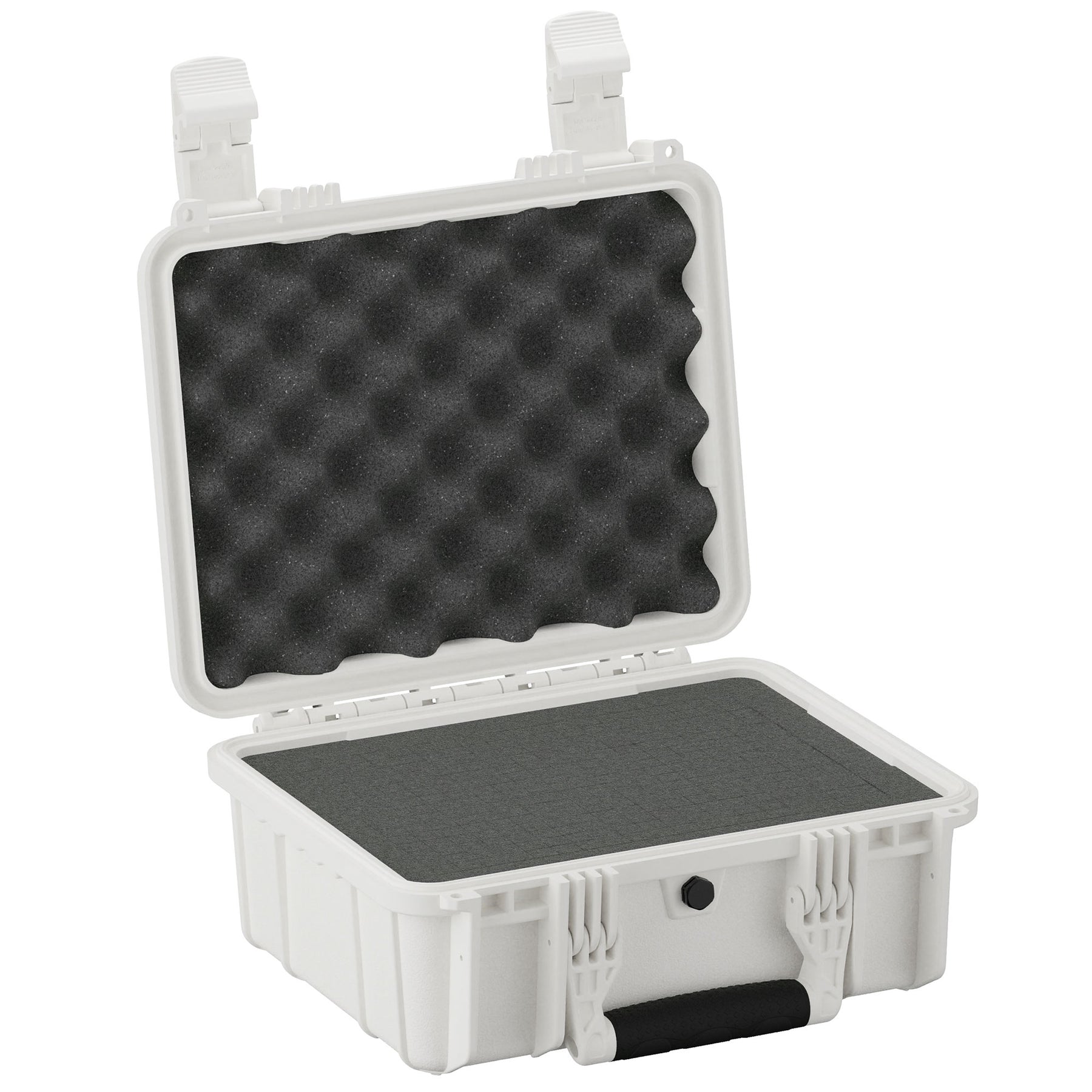 Alt text: "Open 14-inch medium-sized protective hard case in white with a foam-lined interior, featuring a convoluted foam on the lid and a flat foam in the base, durable locking clasps, and a handle."