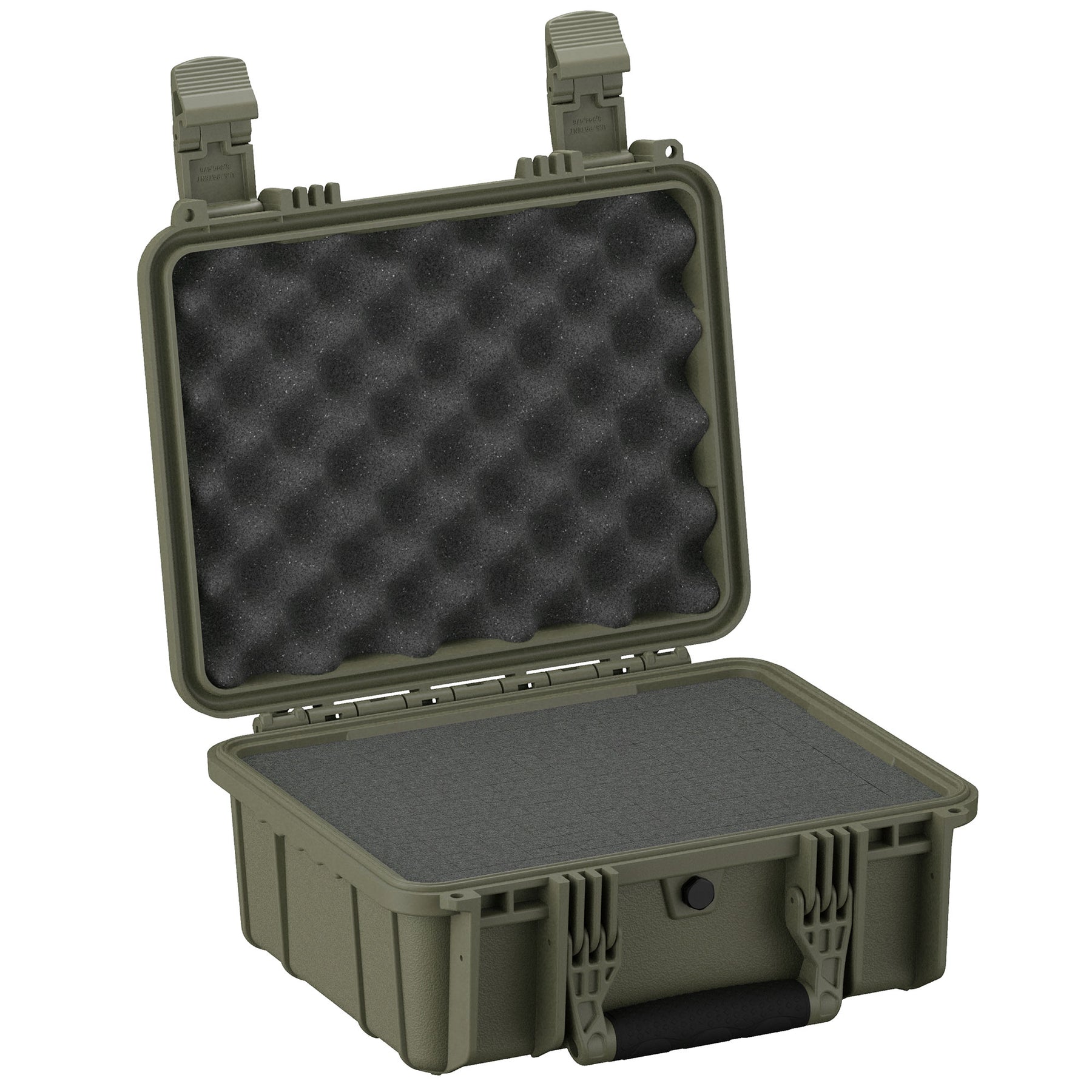 Alt text: "Rugged olive green 14-inch medium protective case, airtight and waterproof, opened to display foam-lined interior and egg-crate foam lid padding, durable latches visible on the sides."