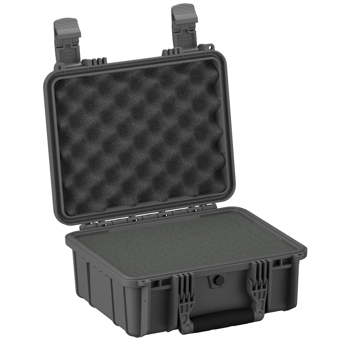 Alt text: "14-inch medium-sized rugged case, model #075, shown open with both foam-lined interior and egg-crate foam padding in the lid for added protection, in a gray color, featuring dual latches and robust handle for secure carrying