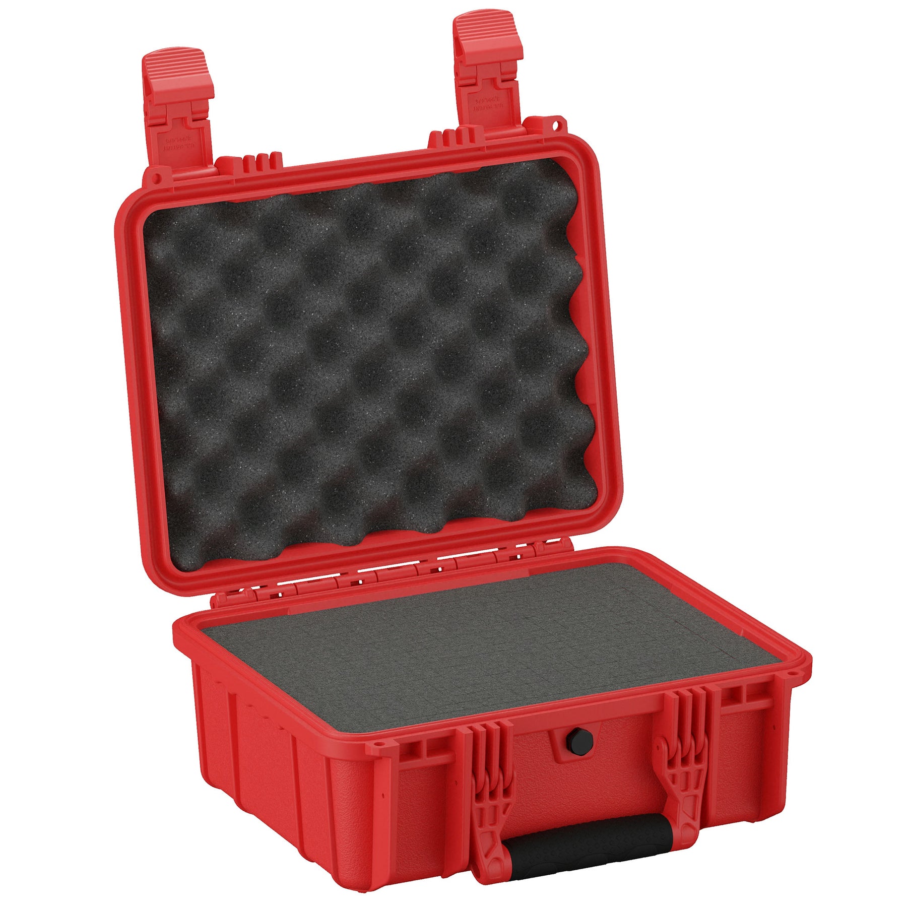 Red 14-inch medium protective case with foam interior, featuring sturdy clasps and handle, opened to show black wave foam padding in the lid and flat foam at the base.
