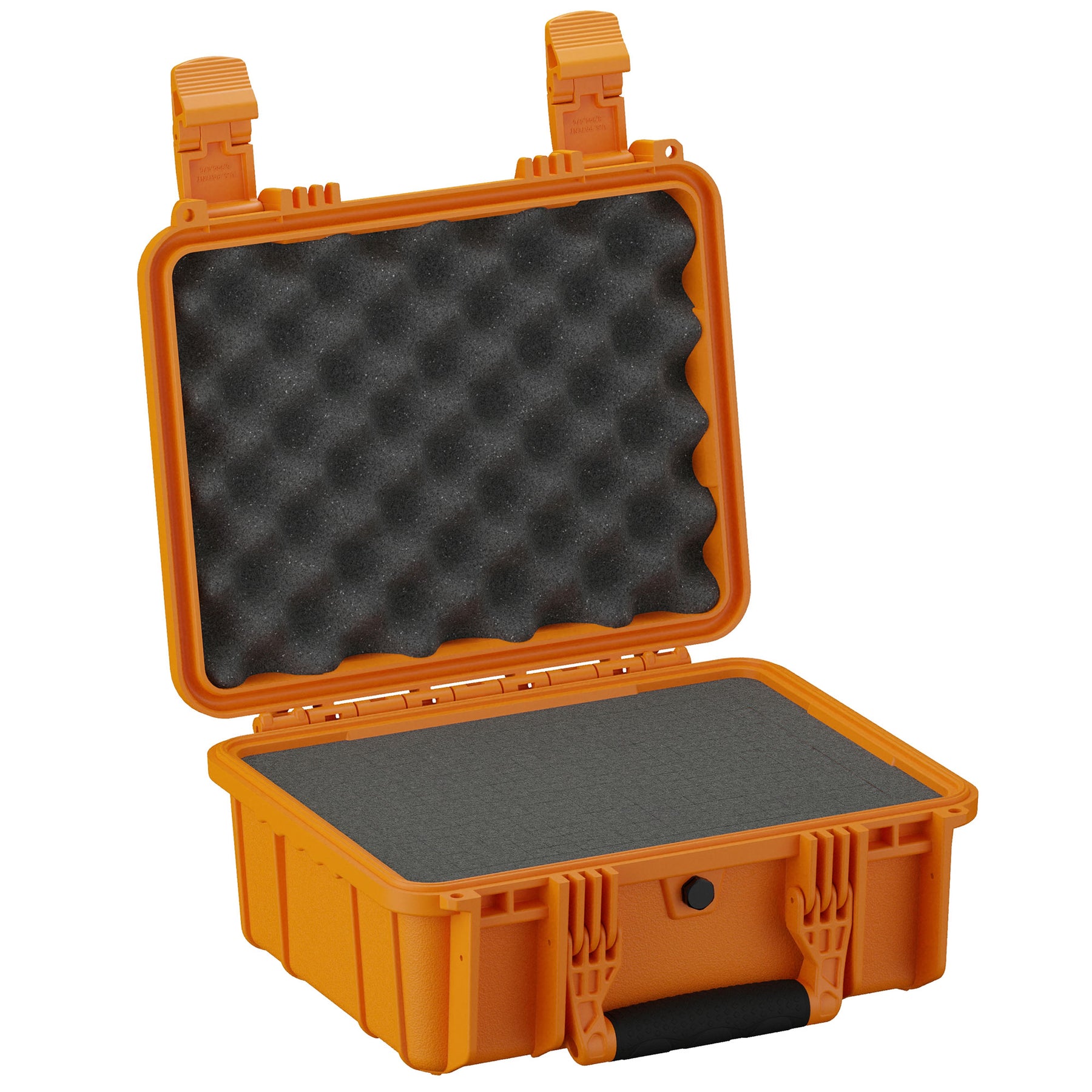 Orange 14-inch medium protective hard case with foam inserts, featuring rugged double latches and a pressure equalization valve, ideal for sensitive equipment.