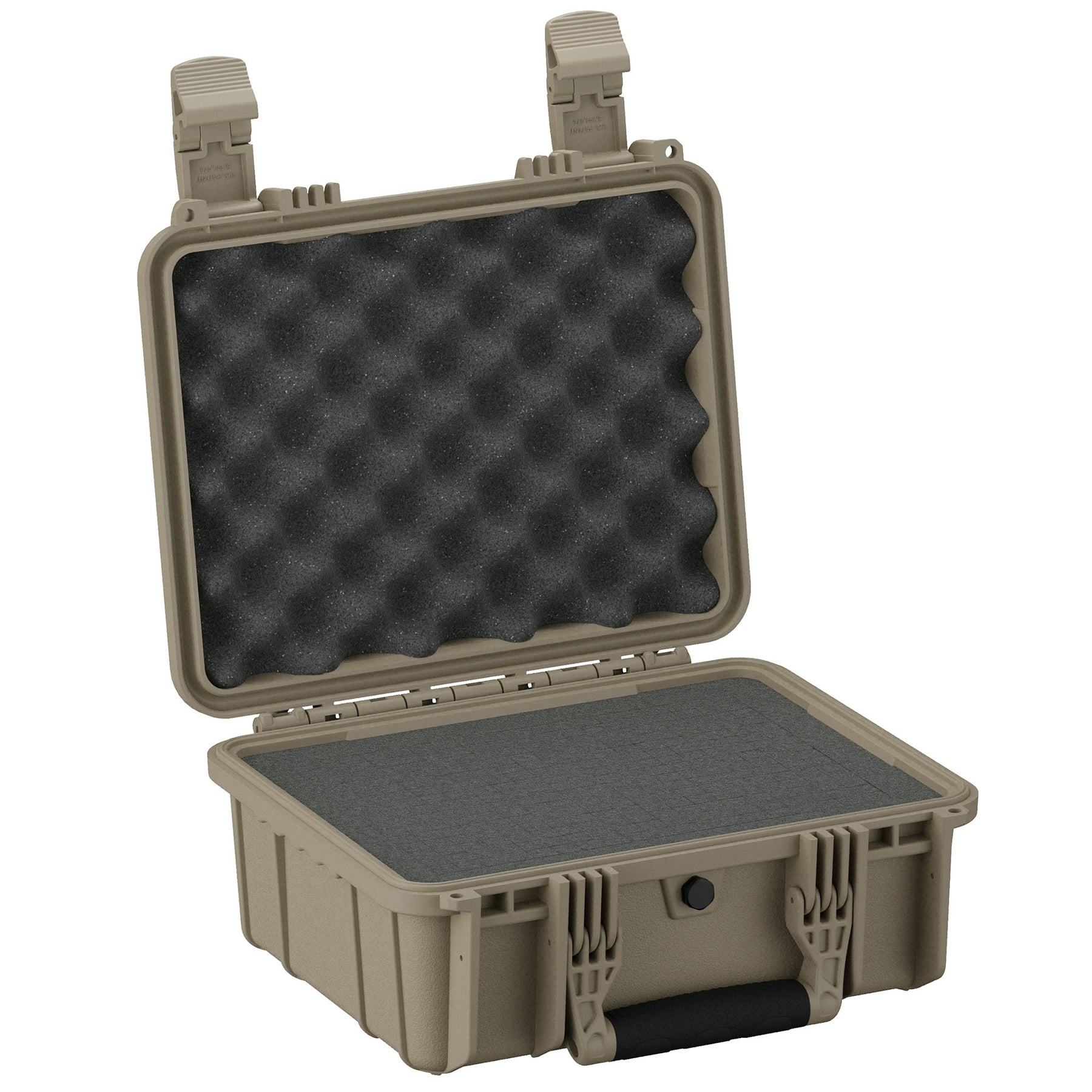Alt text: "14-inch medium-sized rugged case in olive green, open to display foam inserts in the lid and base for secure equipment storage, featuring durable latches and handles."