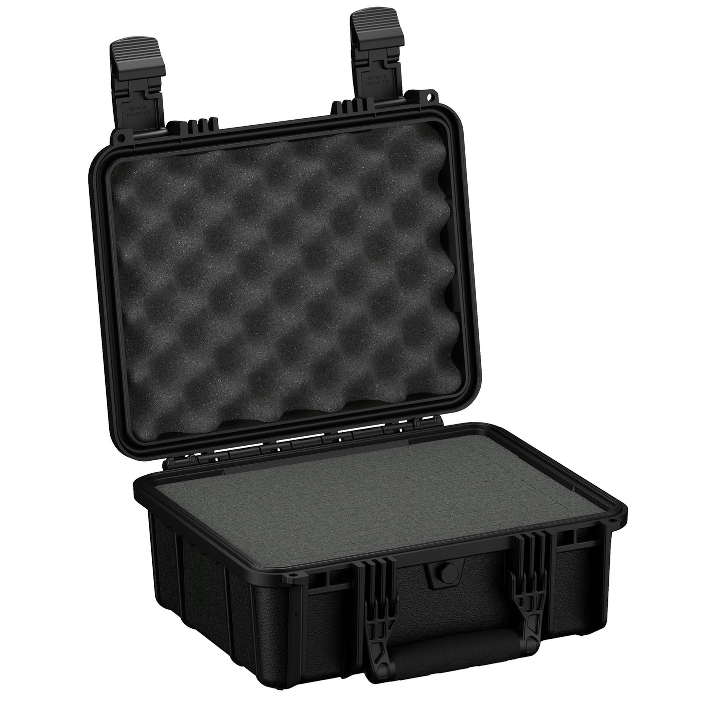 Alt text: "14-inch medium-sized rugged black case, model #075, open to display foam padding inside both the lid and the bottom, featuring dual locking latches."