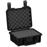 Alt text: "14-inch medium-sized rugged black case, model #075, open to display foam padding inside both the lid and the bottom, featuring dual locking latches."
