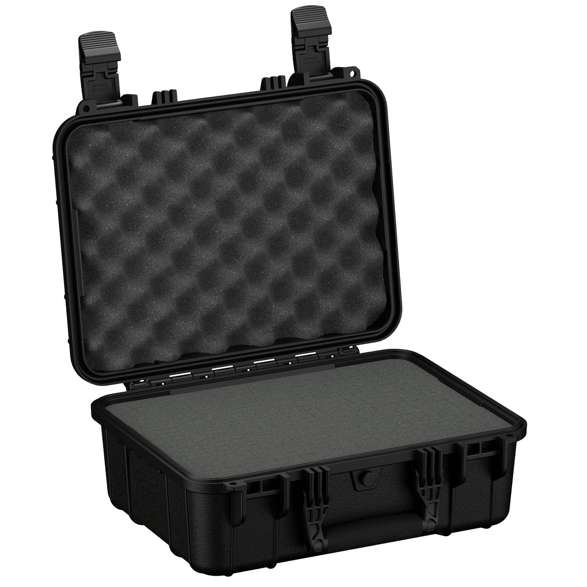 Black 16-inch medium-sized protective case (Case #179) with dual locking clasps, open showing foam interior lining.