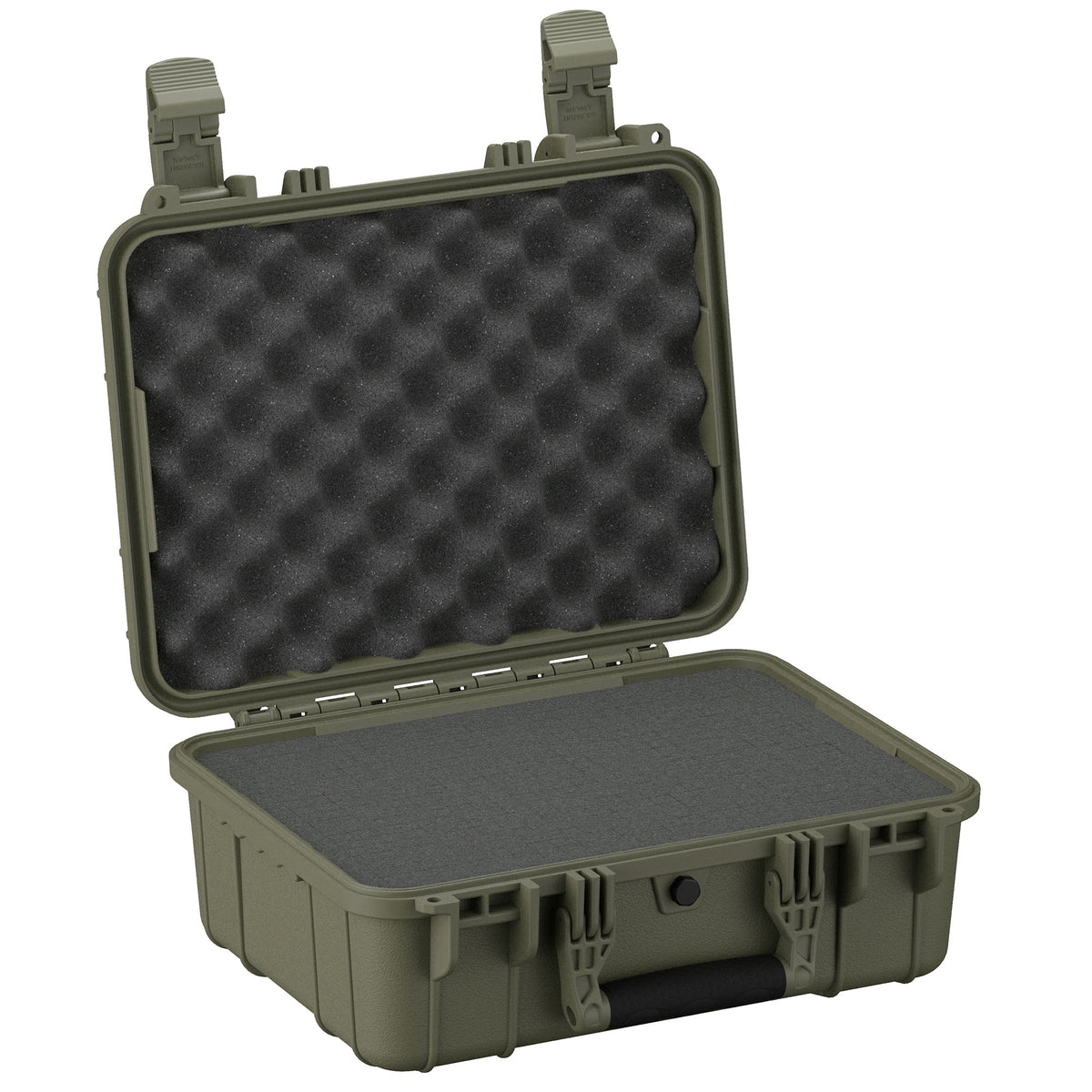 Alt text: "16 inch olive green medium-sized protective case, model #179, open to reveal foam interior. Features robust hinges and dual latch closures."
