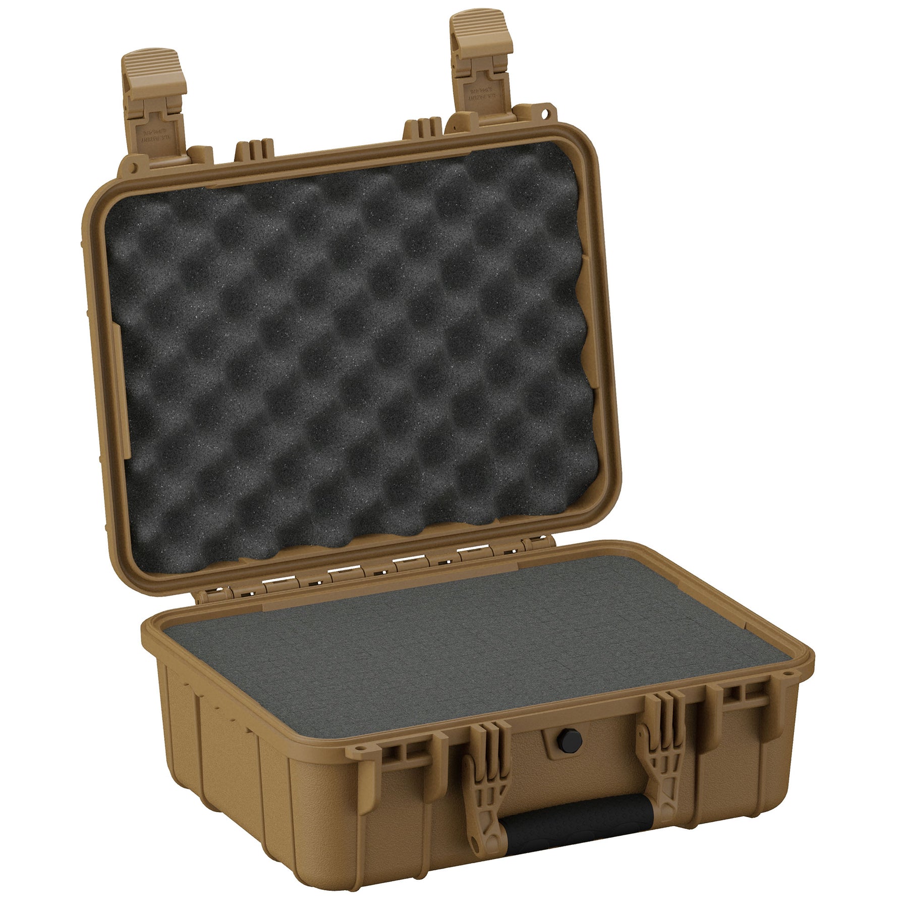 Alt text: "Open 16-inch medium protective case number 179, featuring a rugged tan exterior and dense foam-lined interior, designed for safely transporting sensitive equipment."
