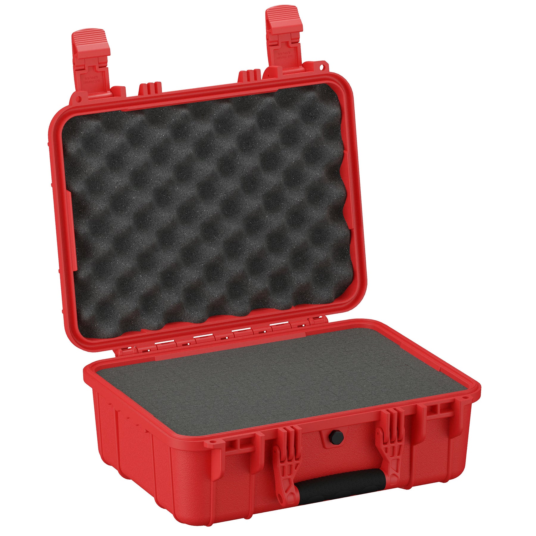 Red protective hard case, size 16 inches, open to reveal foam inserts in both the lid and base, with secure clasps on side for locking.