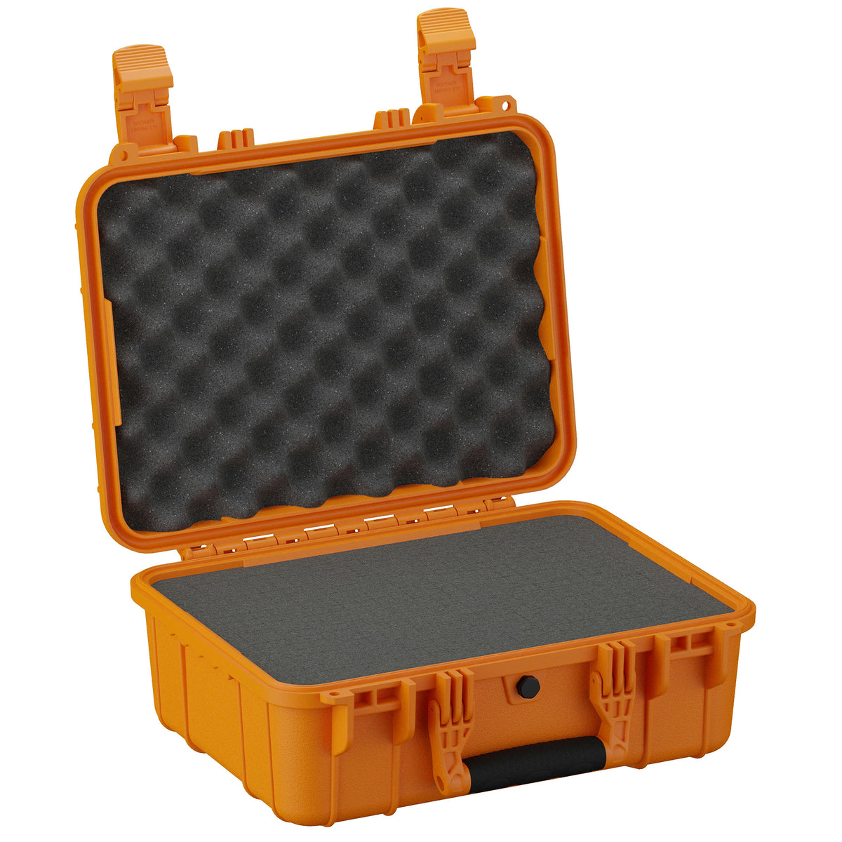 Alt text: "Open 16-inch medium protective case in bright orange with sturdy dual latches and foam-lined interior. Features egg-crate foam on the top and flat foam in the bottom for enhanced protection of contents."