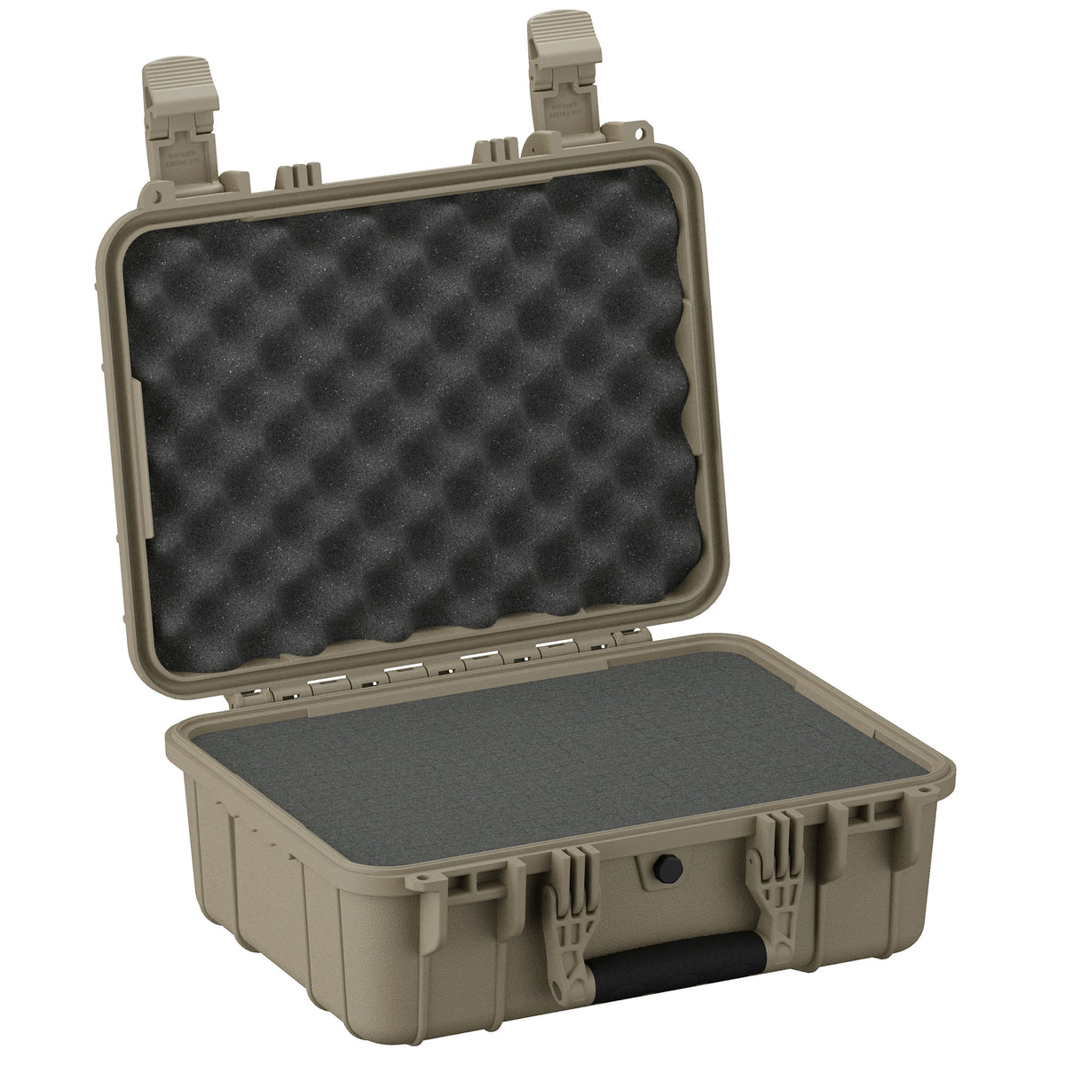 Alt text: "16-inch medium-sized, military green hard case open to display its foam-lined interior, featuring securely locking latches and a rugged exterior, ideal for protecting delicate equipment."