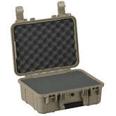 Alt text: "16-inch medium-sized, military green hard case open to display its foam-lined interior, featuring securely locking latches and a rugged exterior, ideal for protecting delicate equipment."