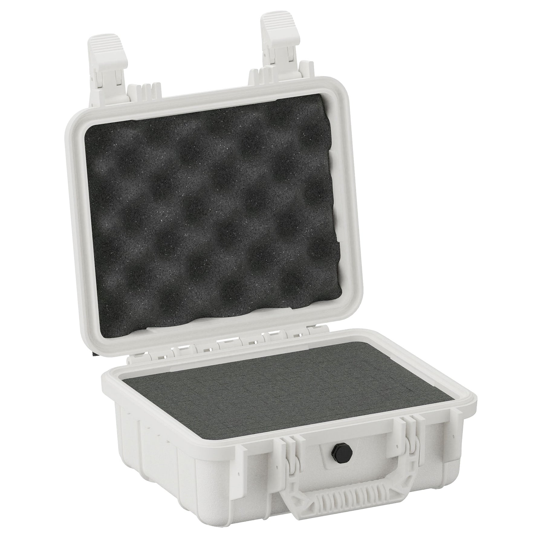 Alt text: "Open small white protective case with foam interior, displaying egg-carton foam style in the lid and a flat foam layer in the base, equipped with sturdy latches on the sides, isolated on a white background."