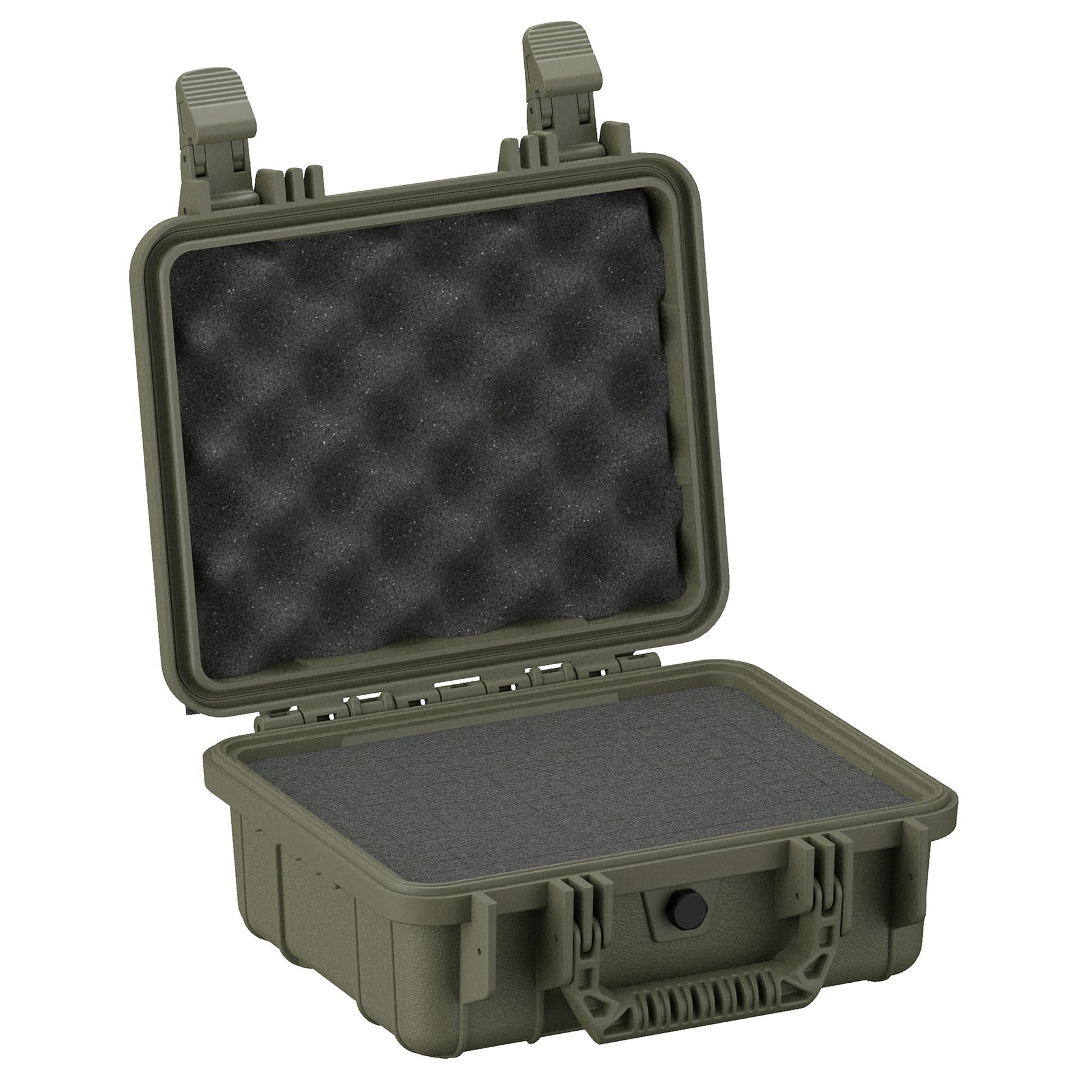 Alt text: "Olive green 11-inch small protective case with foam interior, open view showing both the base and the egg-crate foam-lined lid, featuring robust dual latches and a handle."