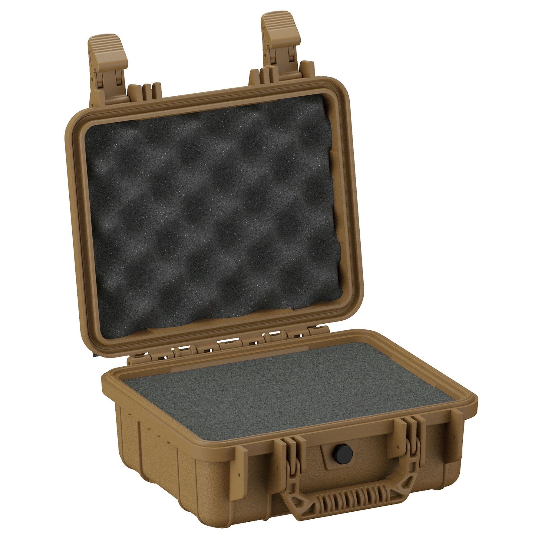 11-inch rugged brown small case, with open lid showing egg-crate foam interior, dual latch closure, and reinforced corners, for secure storage and transport.