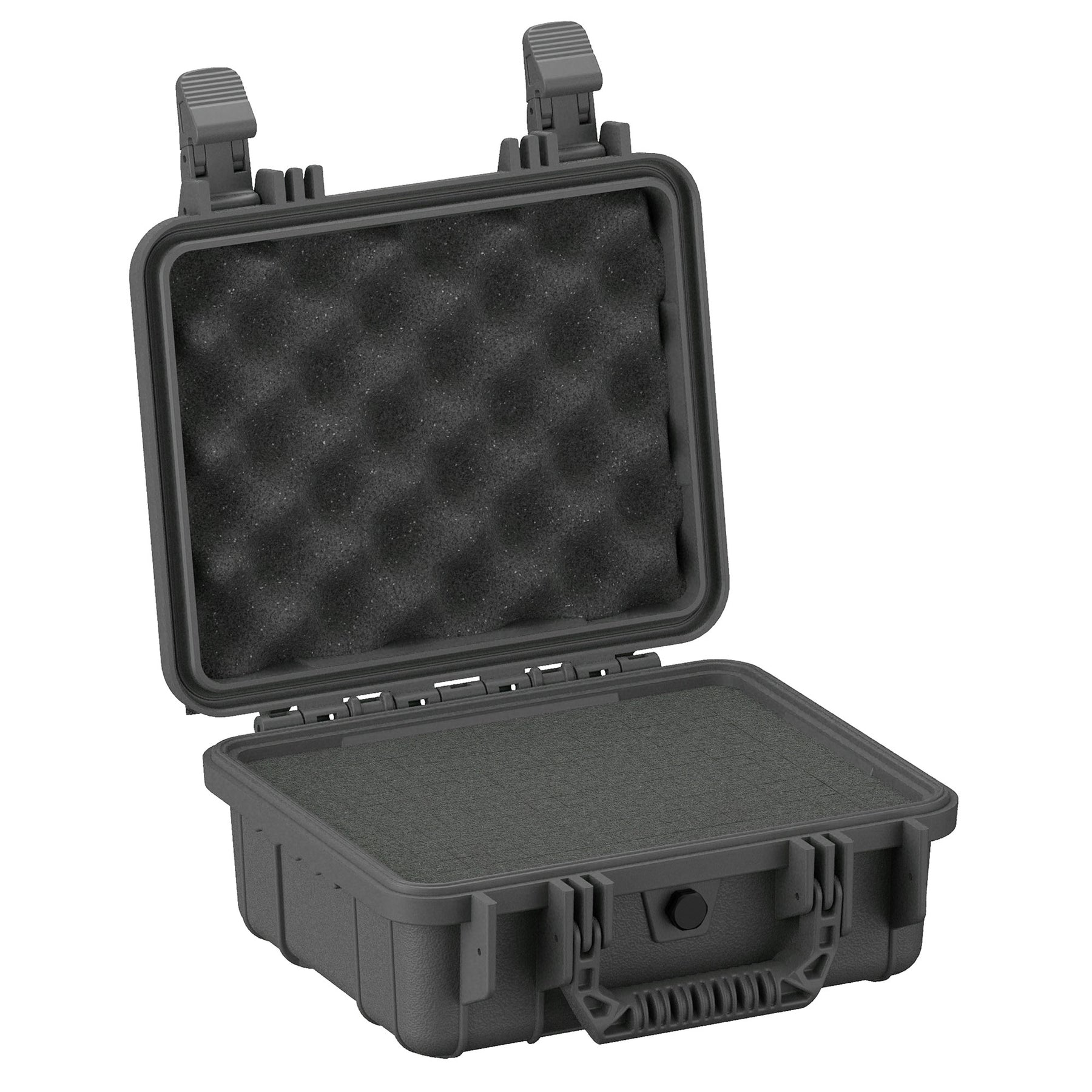 11-inch small rugged protective case open to show foam interior, featuring black exterior with secure latches and durable handle.