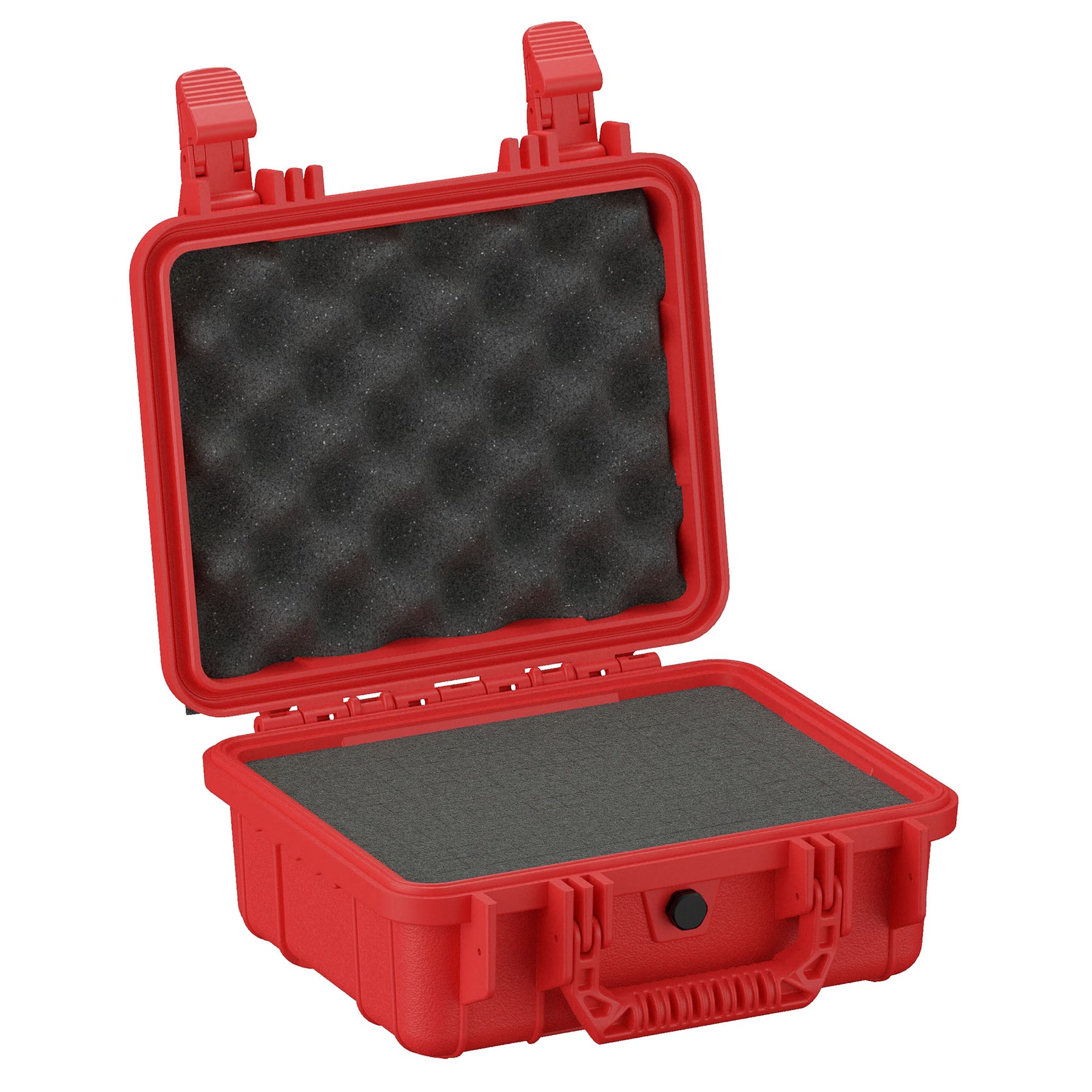 Alt text: "Red protective hard case, 11 inches, open and showcasing its foam-lined interior. The case features a rugged exterior design with secure latch closures and an egg-crate foam padding on the inside top lid."