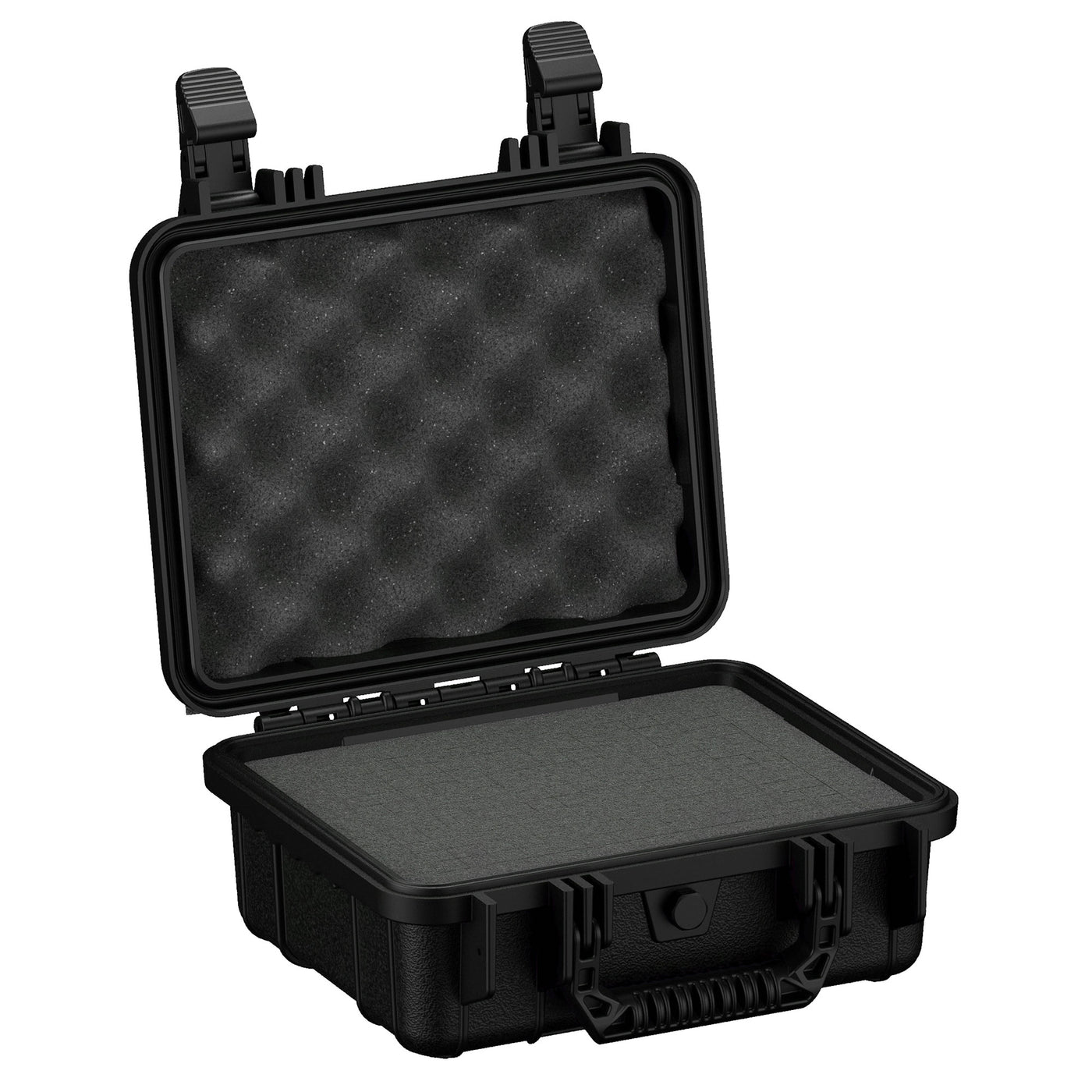 Alt text: "11-inch black protective small case, model #184, open to show textured foam interior padding both in the base and the lid, with durable black latches on the sides."