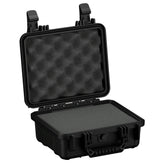 Alt text: "11-inch black protective small case, model #184, open to show textured foam interior padding both in the base and the lid, with durable black latches on the sides."
