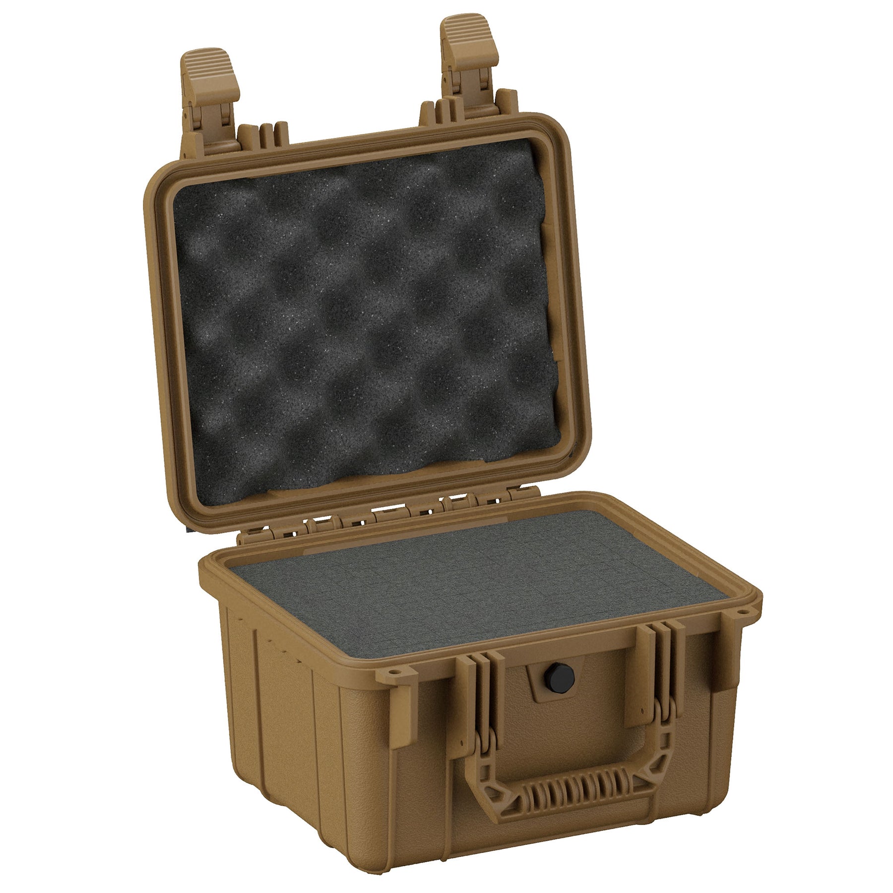 Alt text: "Open 11-inch small protective case in desert tan color, featuring sturdy clasps and interior foam padding, suitable for securing delicate items."