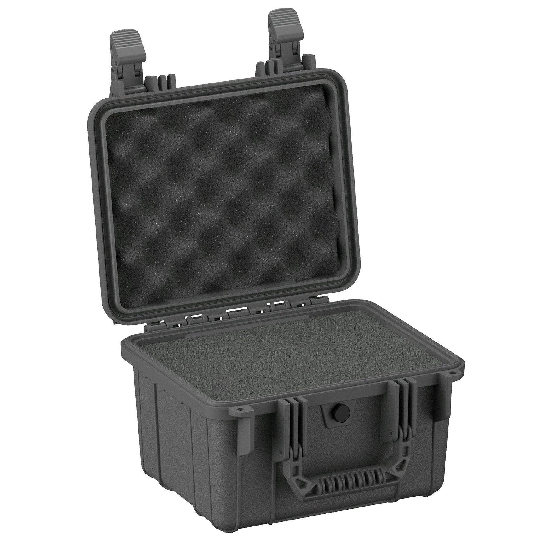 Alt text: "11-inch small, rugged protective case open, displaying foam inserts on both the base and the lid, designed for secure storage and transportation of delicate items."