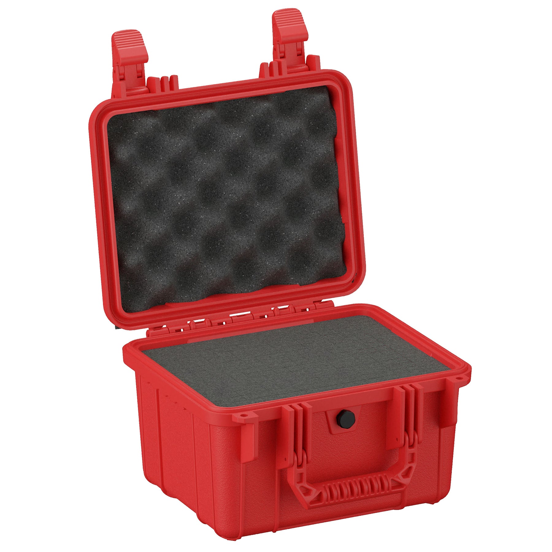 Alt Text: "Red protective hard case, 11 inches in size, opened to show grey foam padding both in the base and lid, designed for secure storage of sensitive items."