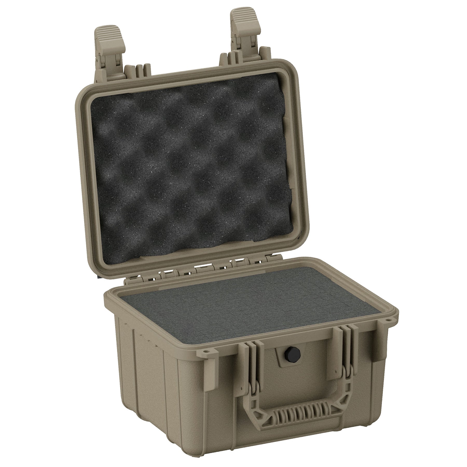 Alt text: "Durable 11-inch small protective case in olive green, featuring a rugged exterior, secure latches, and a foam-padded interior for cushioning, open and standing upright to display both sections."