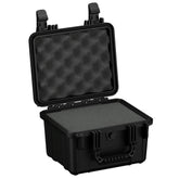 Alt text: "11-inch small black protective hard case, model #185, with foam inserts, open showing both the base and the egg-crate foam-lined lid, featuring rugged exterior and secure latches."