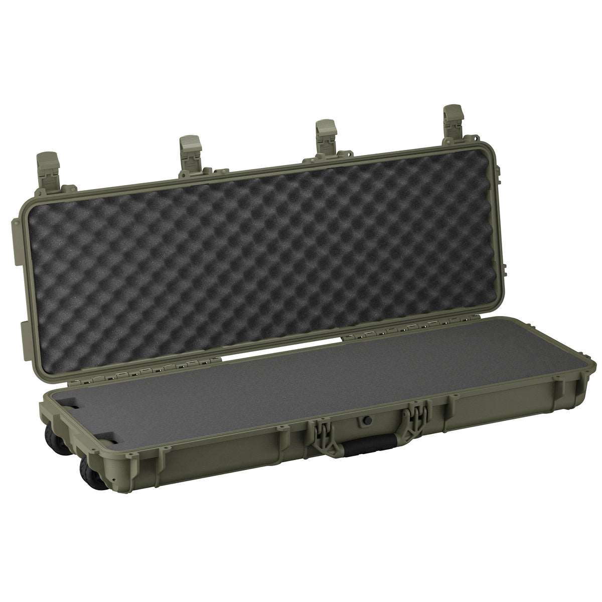 Open 45-inch long green protective case with foam padding and egg crate foam interior for secure storage.