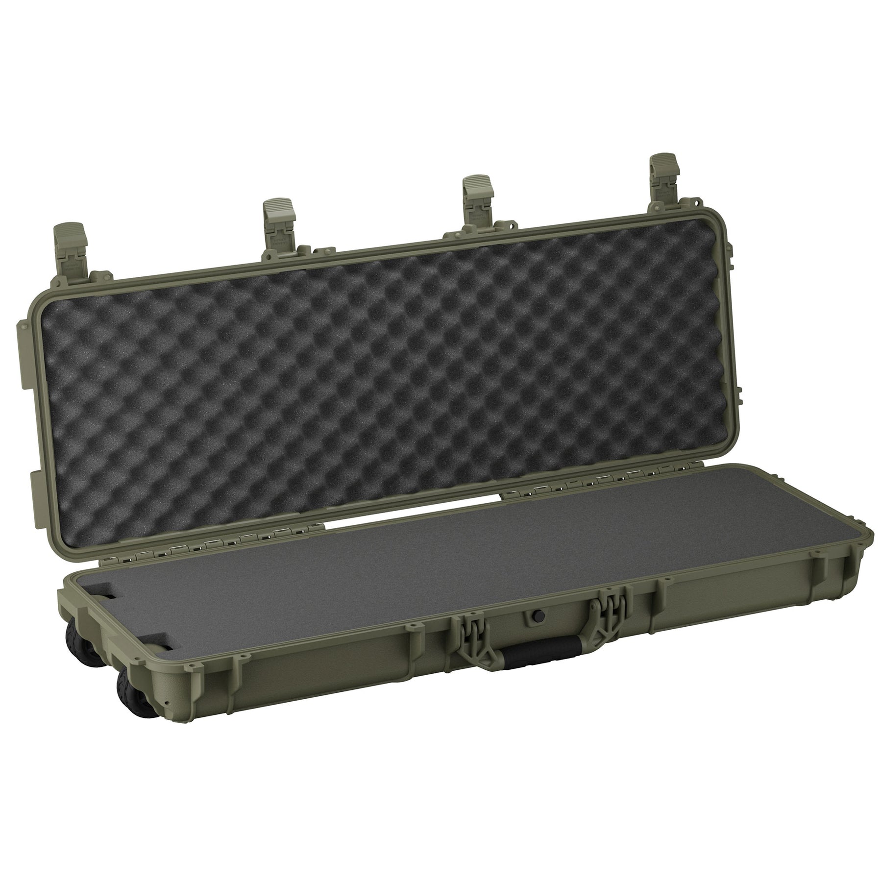 Open 45-inch long green protective case with foam padding and egg crate foam interior for secure storage.