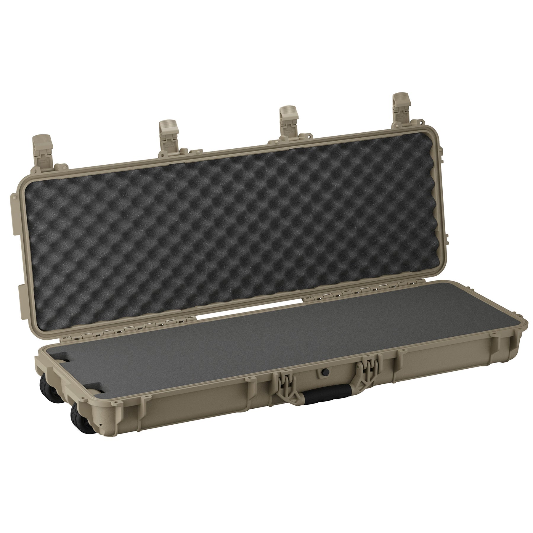 Open tan protective hard case with foam padding, designed for a 45-inch long item, featuring secure latches and wheels.
