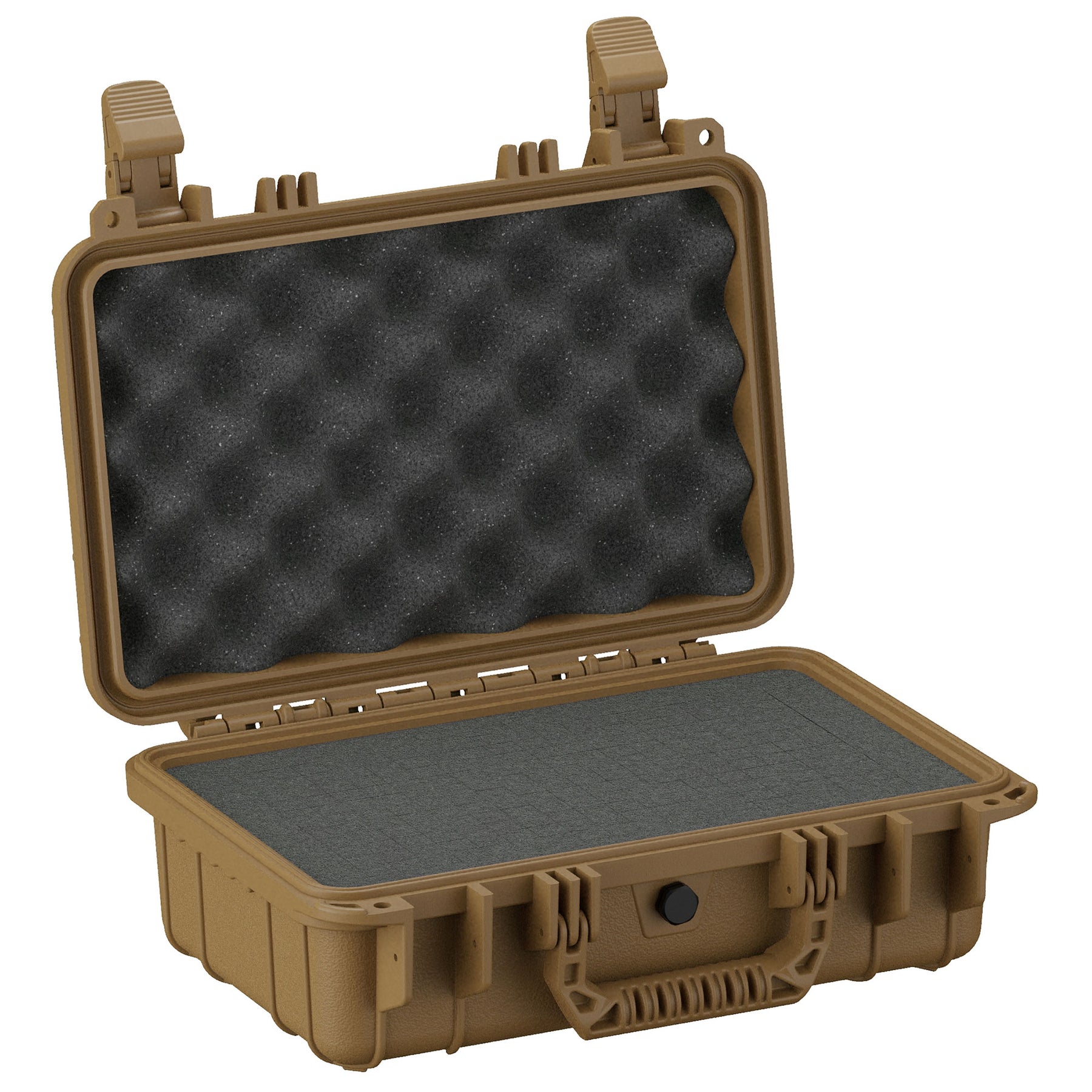 Alt text: "Open 13-inch small protective hard case in tan, featuring durable exterior latches and dual layers of protective foam inside for secure storage."