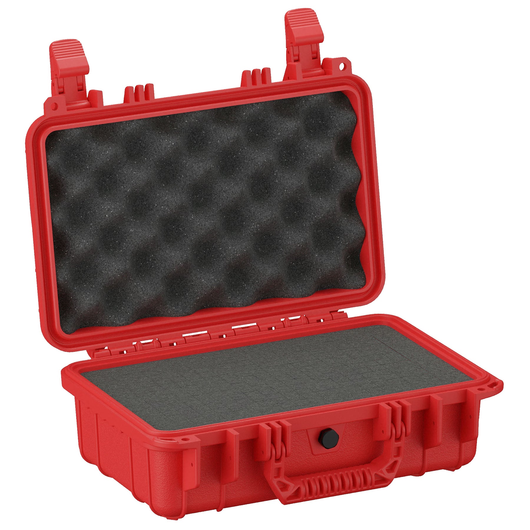 Red hard shell protective case, 13 inches, open displaying customizable foam inserts for secure equipment storage.