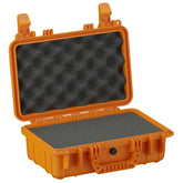 Orange 13-inch protective hard case with foam interior, two clasps, and pressure valve, open and empty, on a white background.