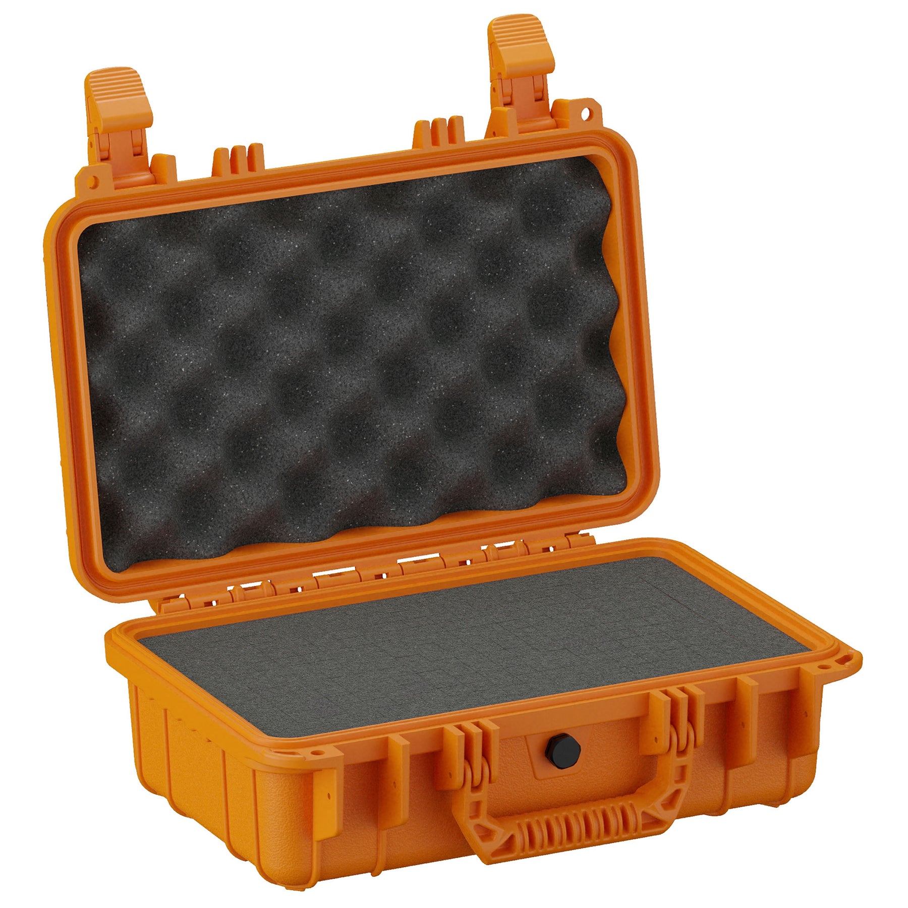Orange 13-inch protective hard case with foam interior, two clasps, and pressure valve, open and empty, on a white background.