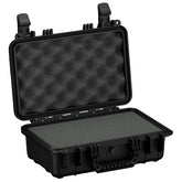 Alt text: "13-inch durable black protective case, open view showing both eggshell foam interior in the lid and flat foam lining in the base, with sturdy double latch closure and robust handle."