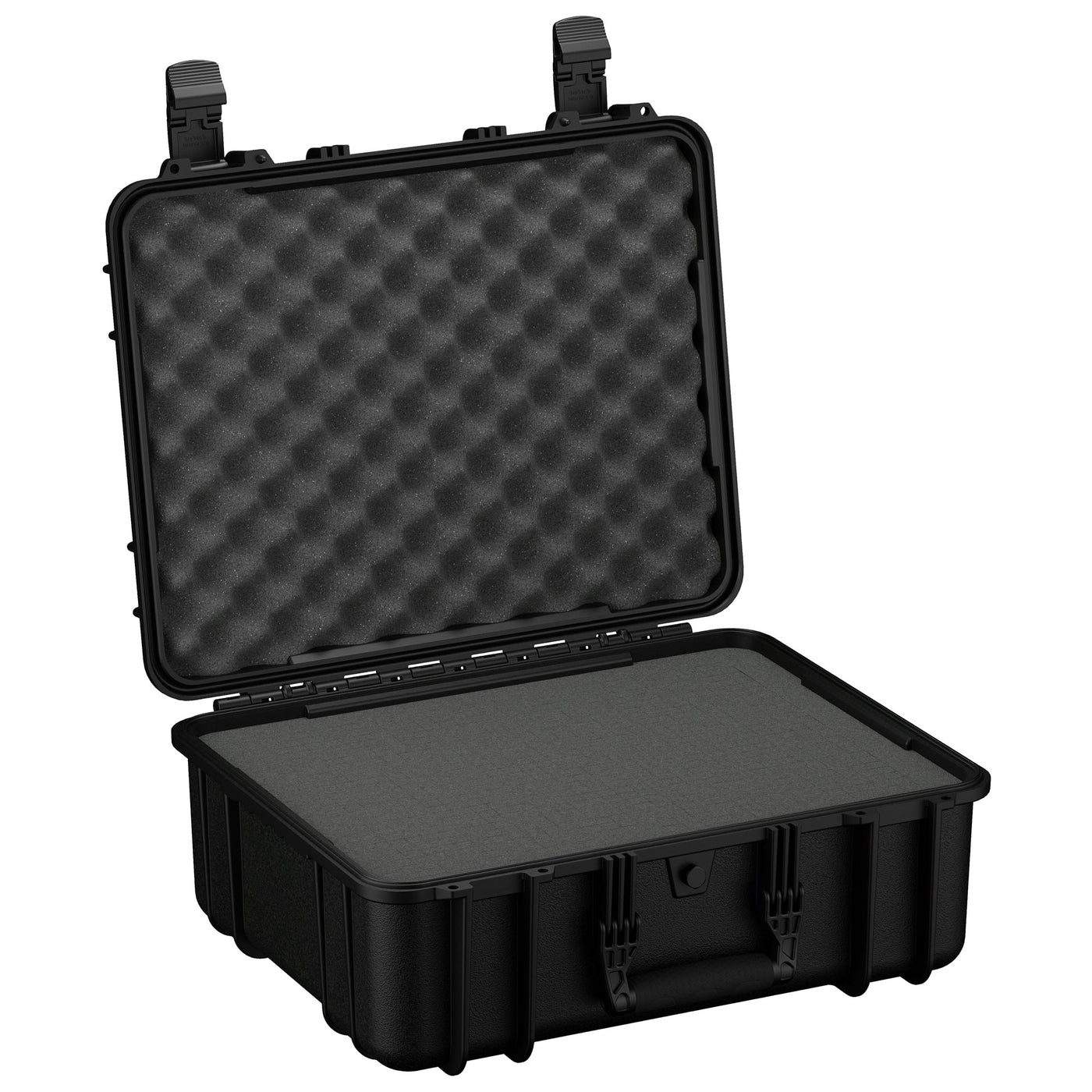 Alt text: "20-inch large black protective hard case with foam interior, open, showing customizable foam padding both in the base and the lid for securing contents."