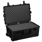 Alt text: "31-inch large black protective case with a rugged design, featuring wheels, double-throw latches, and a foam-lined interior. Case #1258, shown open and empty."