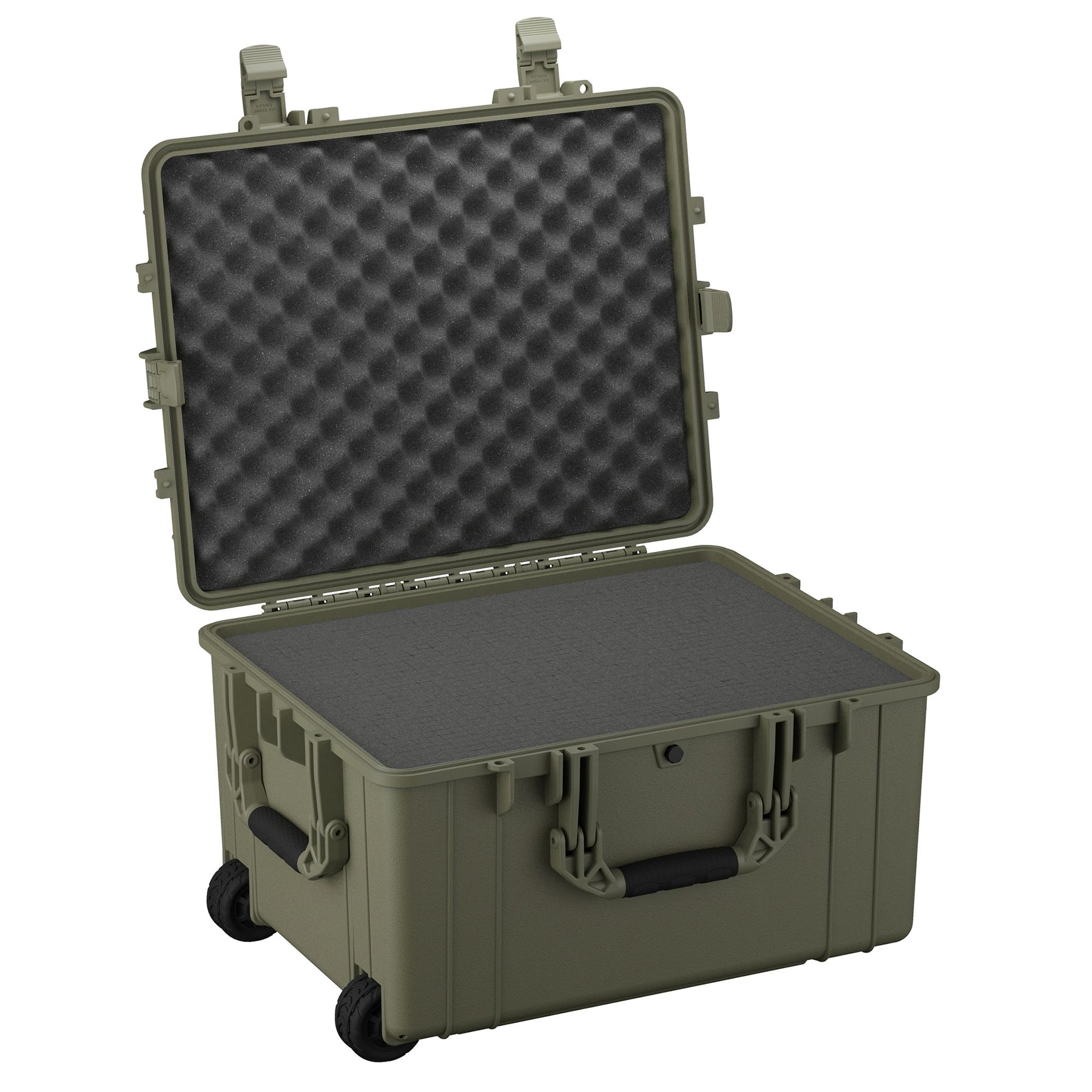 Alt text: "25-inch large olive green military-style case with wheels and robust side handles, shown open displaying its egg-crate foam interior, model number 286."