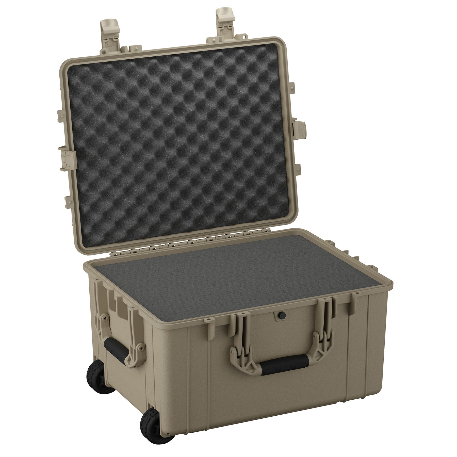 Alt text: "Open large, 25-inch protective case in tan color with sturdy handles and wheel system, featuring an egg-crate foam interior in the lid for cushioning and protection."