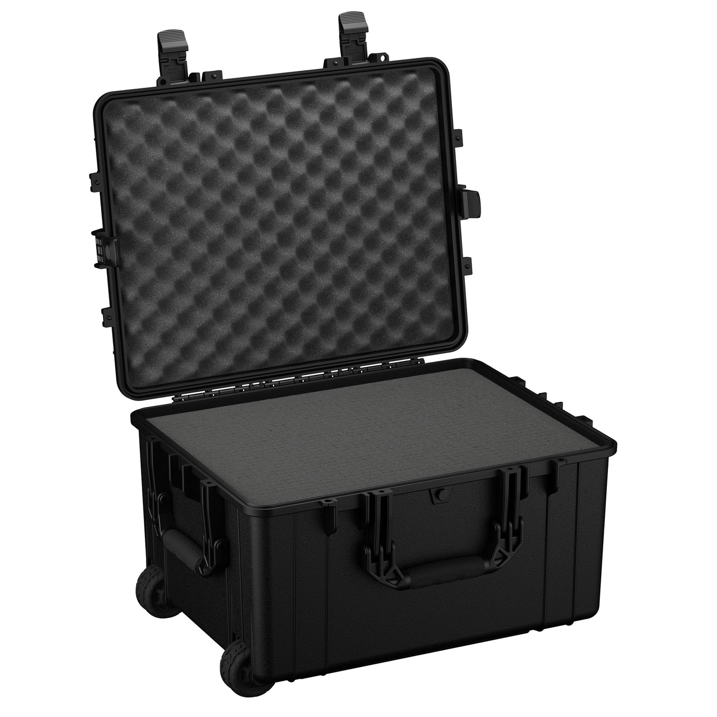 Alt text: "Large 25-inch black protective hard case with wheels, featuring rugged handles and foam-lined interior, model #286, open view."