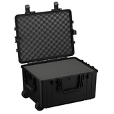 Alt text: "Large 25-inch black protective hard case with wheels, featuring rugged handles and foam-lined interior, model #286, open view."