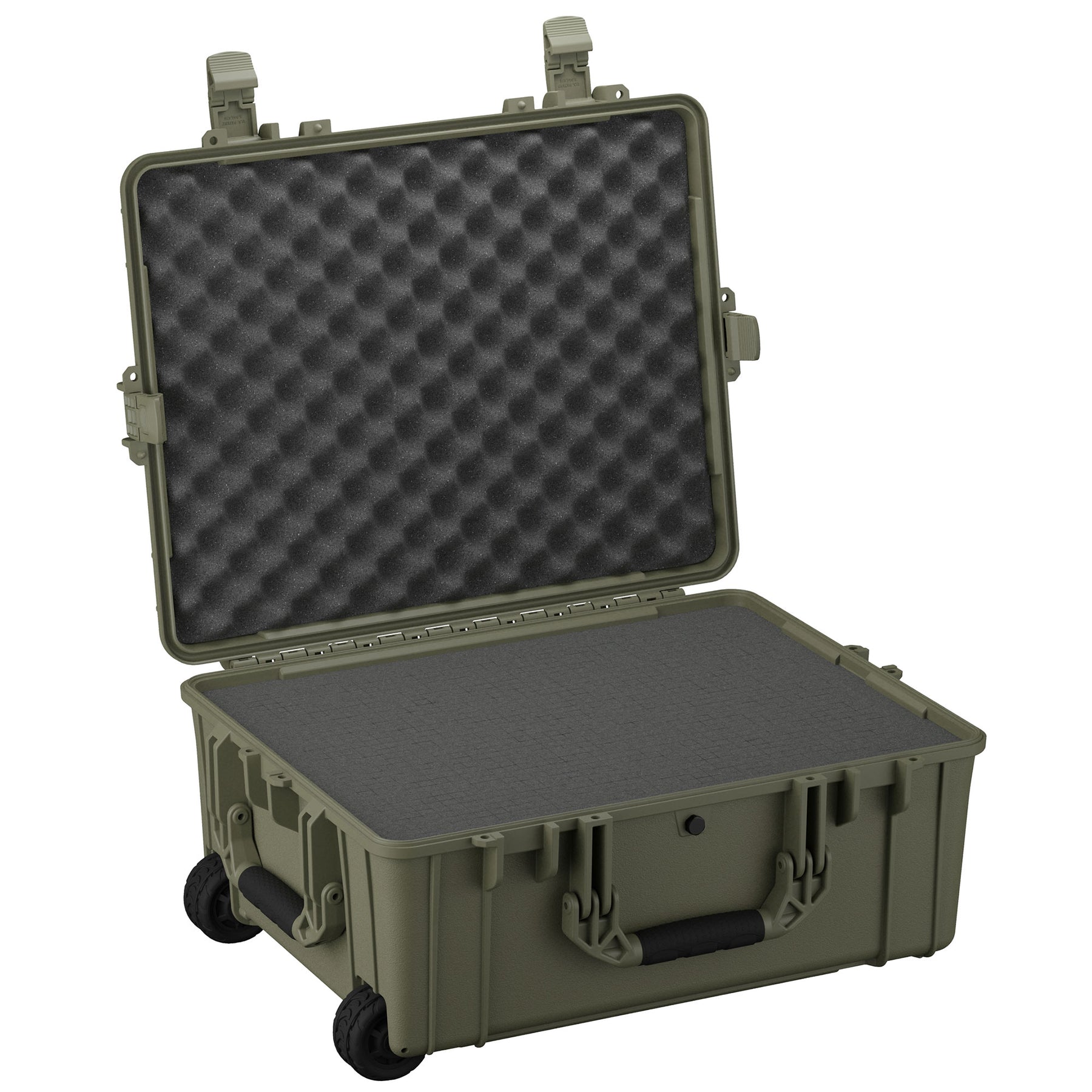 Alt text: "Open 25-inch large protective case in olive green with foam inserts, featuring rugged handles and built-in wheels for mobility."