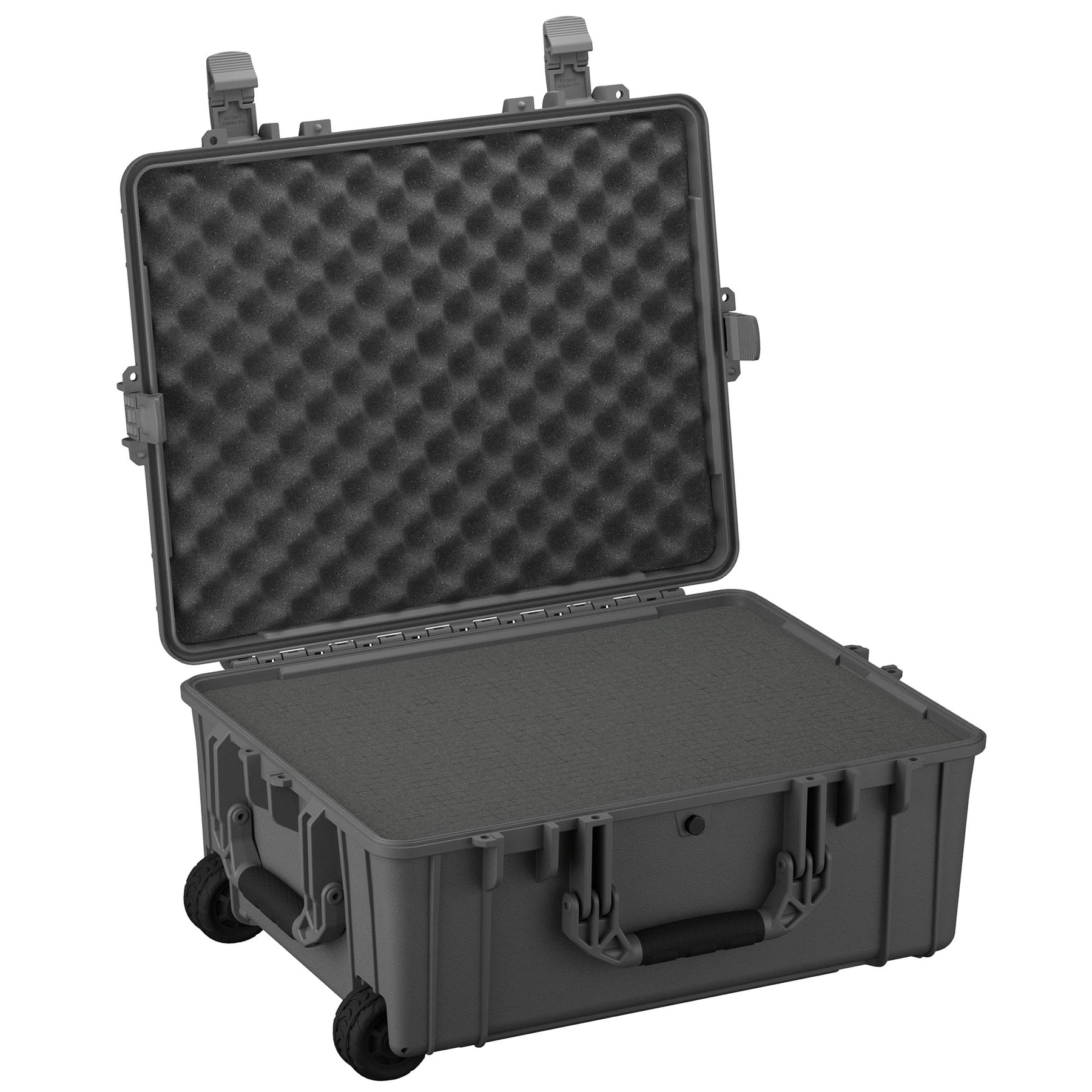 Alt text: Open large rugged case with foam lining and wheels, showcasing its capacity and protective design, ideal for securing and transporting valuable equipment.