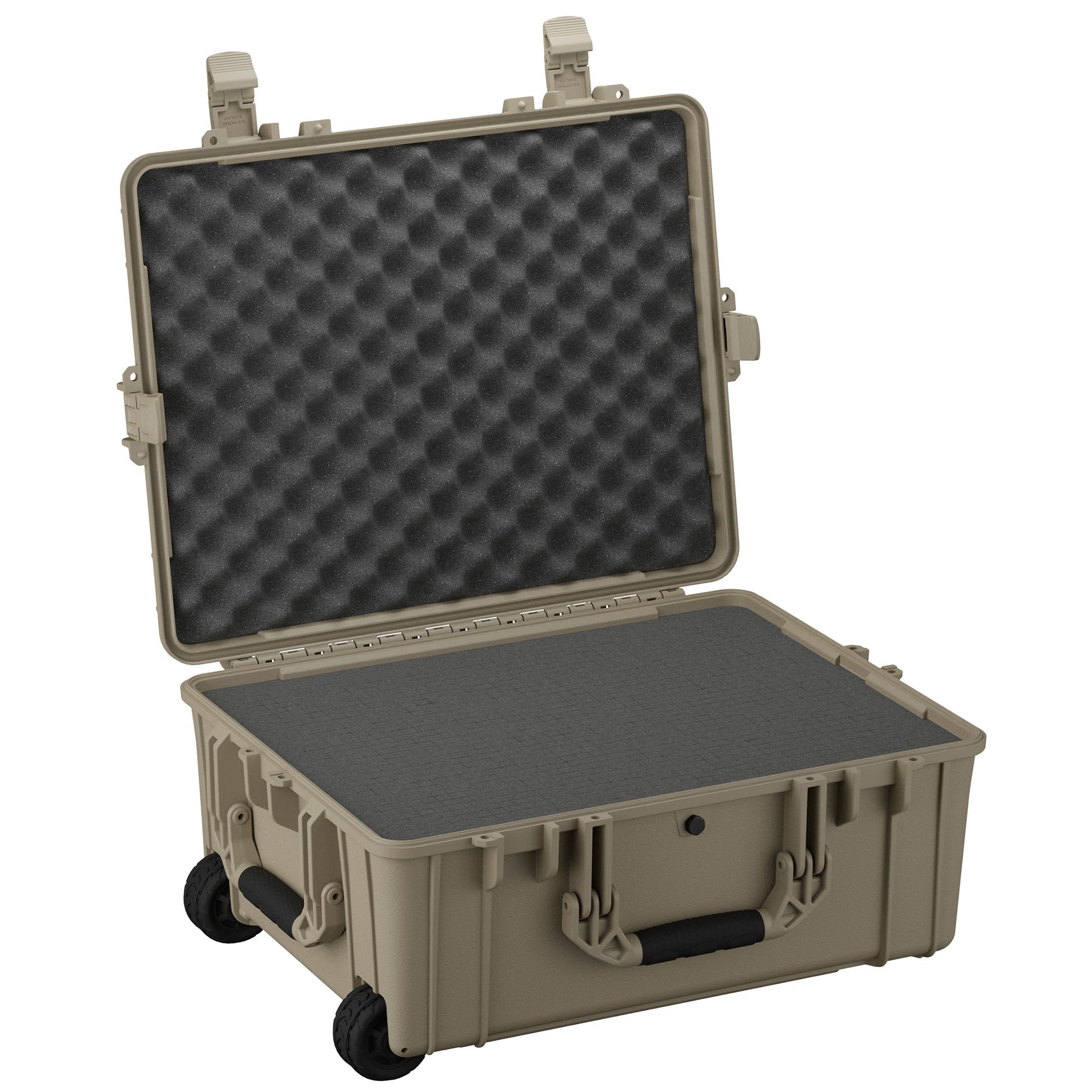 Alt text: "Open 25-inch large protective case with foam inserts, featuring durable sand-colored exterior, secure latches, and built-in wheels for easy transportation."