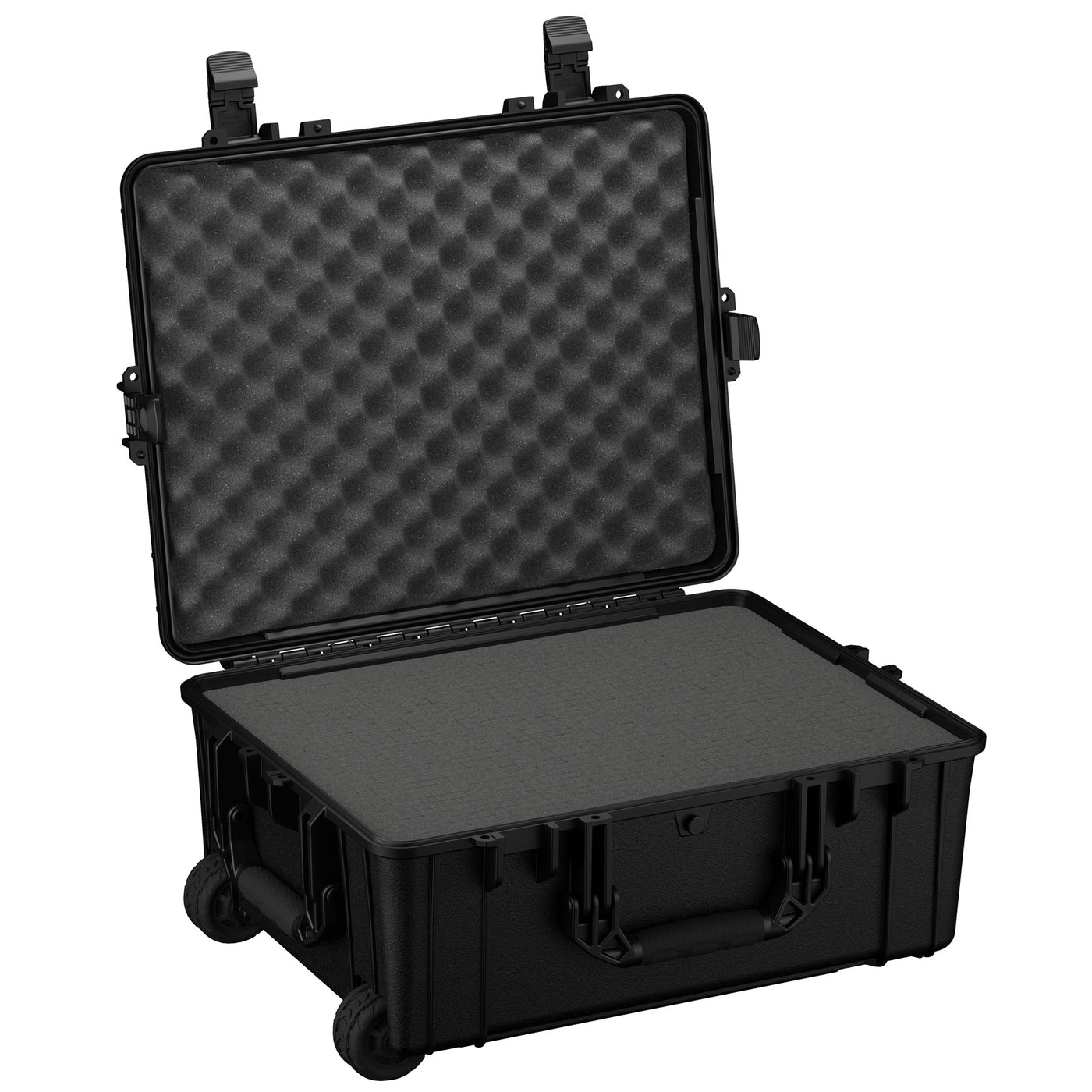 Alt text: "Large black hard protective case with wheels and handles, open to display convoluted foam interior, measuring 25 inches, Case #287."