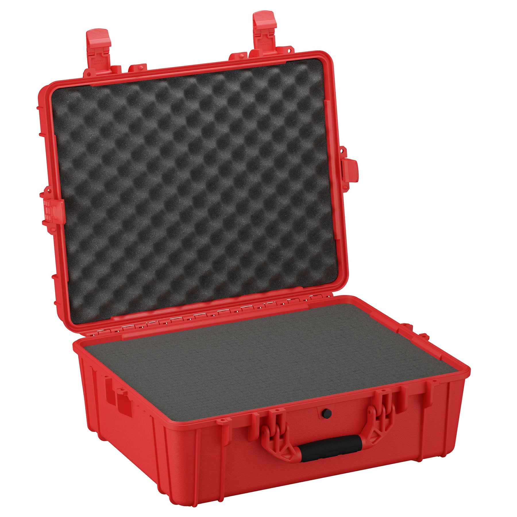 Alt text: Open 25-inch large red protective case with foam interior, featuring rugged handles and secure clasps, ideal for storing and transporting sensitive equipment.