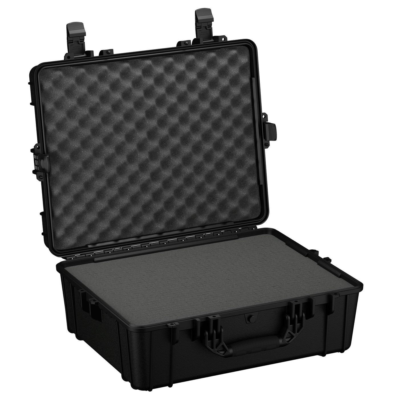 A 25-inch large black protective hard case with open lid, showcasing customizable foam inserts inside, designed for secure storage and transport of delicate equipment.