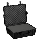 A 25-inch large black protective hard case with open lid, showcasing customizable foam inserts inside, designed for secure storage and transport of delicate equipment.