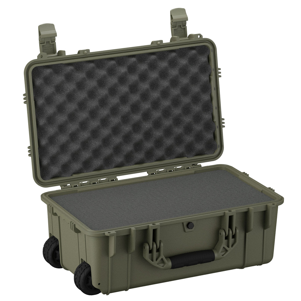 Large 22-inch protective case in olive green, featuring rugged wheels and dual latches, open to reveal an egg-crate foam interior.