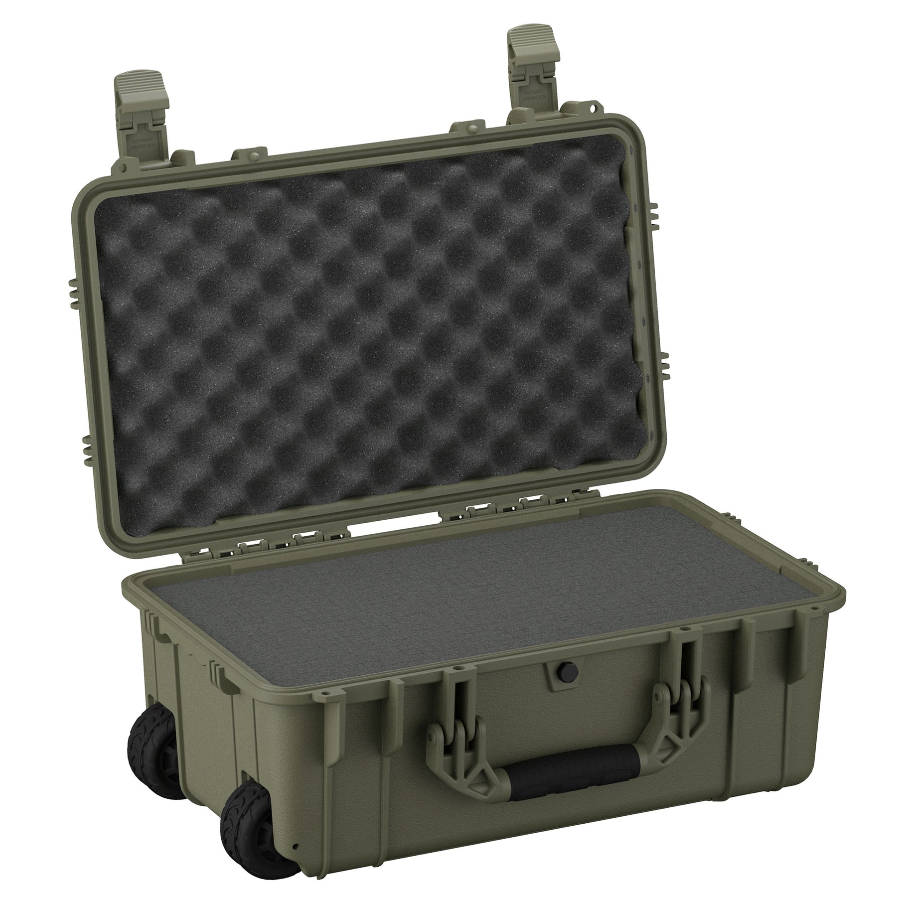 Large 22-inch protective case in olive green, featuring rugged wheels and dual latches, open to reveal an egg-crate foam interior.